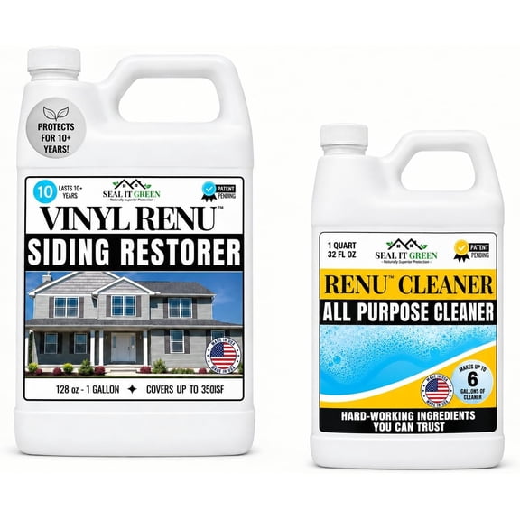 Vinyl Renu Premium Siding Restorer | Lasts 10+ Yrs | Restores Original Color & Beauty To All Siding Types | Rejuvenates & Protects Siding, Doors & Patio Furniture | Complete Kit (1 Gallon)