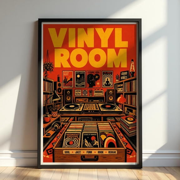 Vinyl Room Vintage Record Collection Wall Art Retro Turntable Print Music Lover Decor Artwork, Unframed Paper Print