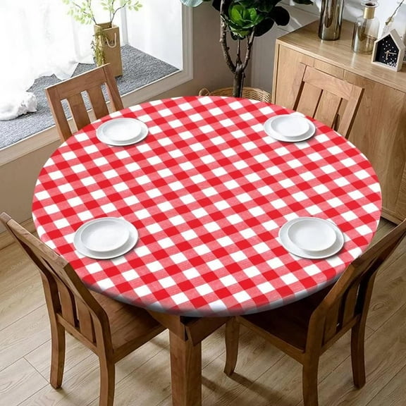 Vinyl Round Table Cover with Elastic, Red and White - Waterproof Checkered Tablecloth Flannel Backed Fitted Table Cloth for Indoor Outdoor (Fit for 36"-44" Round Tables)