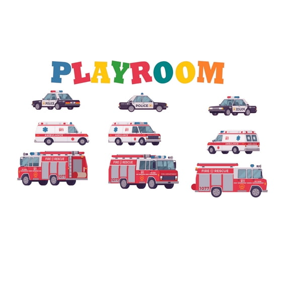 Vinyl Service Vehicles Home Art Decor Adhesive Wall Decal Sticker - 11" x 20" Removable Kids Bedroom Living Room Playroom Quote Decal Firetruck Police Car & Ambulance Decor Design Wall Decoration