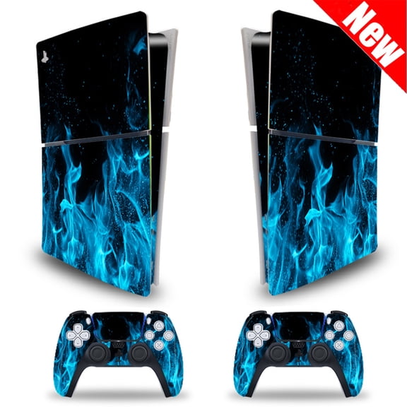 Vinyl Skin Stickers Compatible with PS5 Slim Digital Edition Console and Controller Decals - Blue Fire