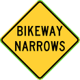 thumbnail image 1 of Vinyl Stickers - Bikeway Narrows - Safety and Warning Warehouse Signs Stickers - 3.5" x 5" - 3 Pack, 1 of 5