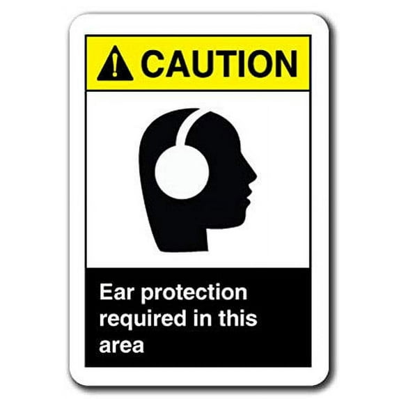 Vinyl Stickers - Caution - Ear Protection Required in This Area Safety Sign ansi -Safety and Warning Warehouse Signs Stickers - 13" x 9" - 3 Pack