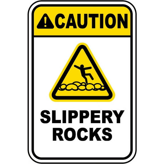 Vinyl Stickers - Caution Slippery Rocks Sign - Safety and Warning Warehouse Signs Stickers - 13" x 9" - 3 Pack