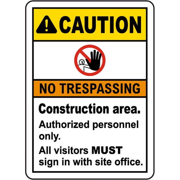 Vinyl Stickers - Construction Area No Trespassing Sign 6 - Safety and Warning Warehouse Signs Stickers - 24" x 30" - 6 Pack