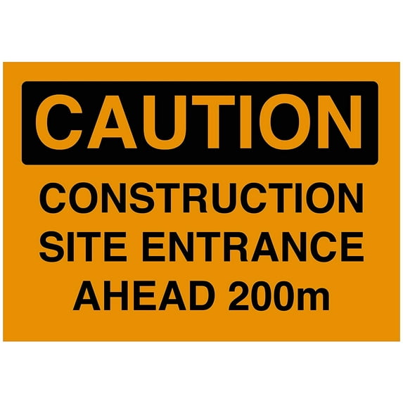 Vinyl Stickers - Construction Site Entrance Ahead 200M Sign - Safety and Warning Warehouse Signs Stickers - 18" x 24" - 6 Pack