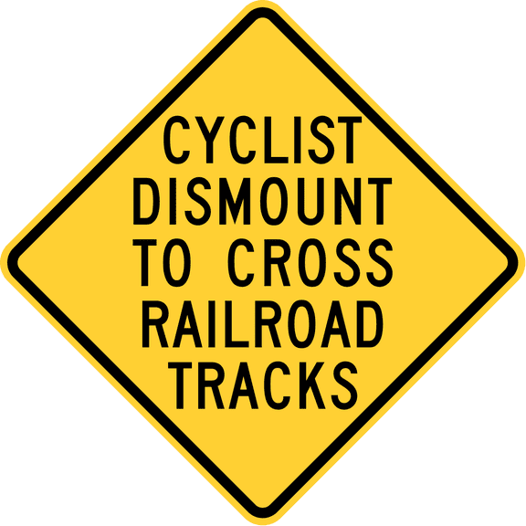 Vinyl Stickers - Cyclists Dismount to Cross Railroad Tracks, Hemet, California - Safety and Warning Warehouse Signs Stickers - 10" x 7" - 3 Pack