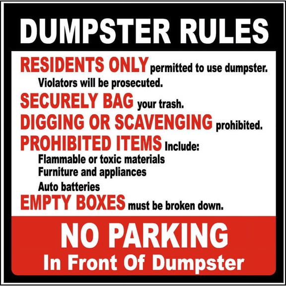 Vinyl Stickers - Dumpster Rules No Parking Sign - Safety and Warning Warehouse Signs Stickers - 24" x 30" - 6 Pack