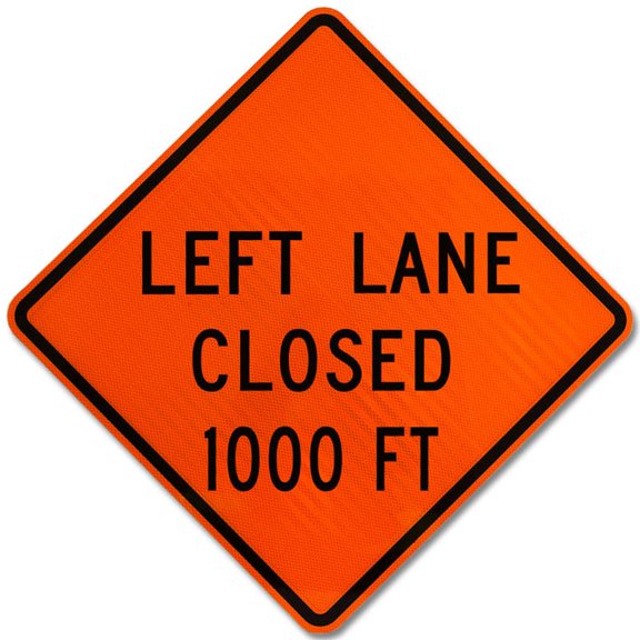 Vinyl Stickers - Left Lane Closed 1000 FT Sign - Safety and Warning Warehouse Signs Stickers - 24" x 30" - 10 Pack