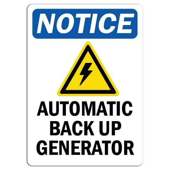 Vinyl Stickers - Notice - Automatic Back Up Generator Sign with Symbol - Safety and Warning Warehouse Signs Stickers - 13" x 9" - 3 Pack