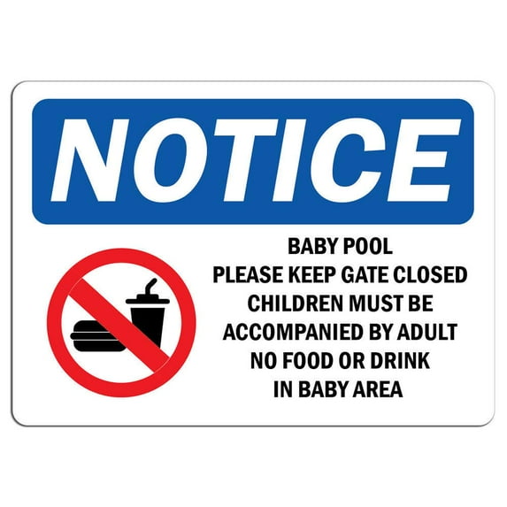 Vinyl Stickers - Notice - Baby Pool Please Keep Gate Closed Sign with Symbol - Safety and Warning Warehouse Signs Stickers - 3.5" x 5" - 6 Pack