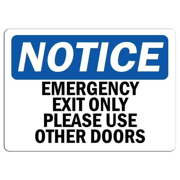 Vinyl Stickers - Notice - Emergency Exit Only Please Use Other Doors Sign - Safety and Warning Warehouse Signs Stickers - 13" x 9" - 3 Pack