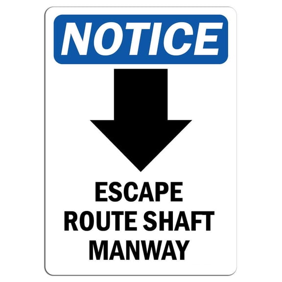 Vinyl Stickers - Notice - Escape Route Shaft Manway [Down Arrow] Sign with Symbol - Safety and Warning Warehouse Signs Stickers - 13" x 9" - 6 Pack