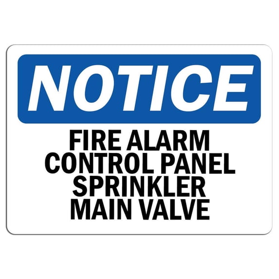 Vinyl Stickers - Notice - Fire Alarm Control Panel Sprinkler Main Valve Sign - Safety and Warning Warehouse Signs Stickers - 13" x 9" - 6 Pack
