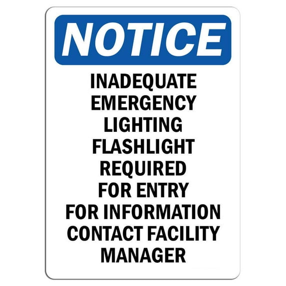 Vinyl Stickers - Notice - Inadequate Emergency Lighting Sign - Safety and Warning Warehouse Signs Stickers - 13" x 9" - 6 Pack