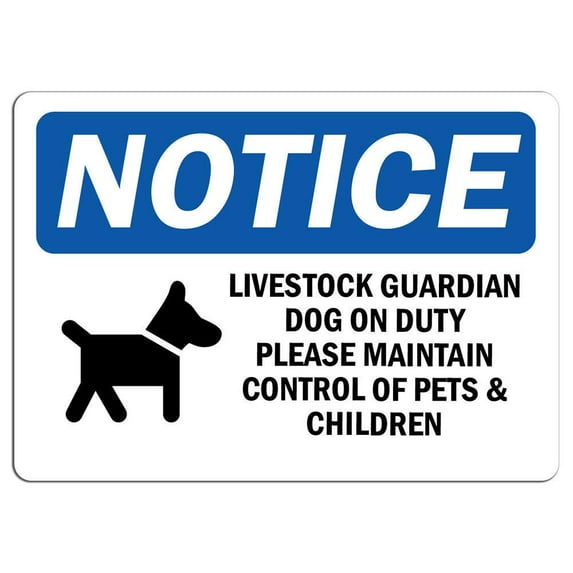 Vinyl Stickers - Notice - Livestock Guardian Dog On Duty Sign with Symbol - Safety and Warning Warehouse Signs Stickers - 3.5" x 5" - 6 Pack