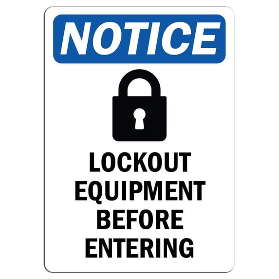 Vinyl Stickers - Notice - Lockout Equipment Before Sign with Symbol - Safety and Warning Warehouse Signs Stickers - 10" x 7" - 10 Pack