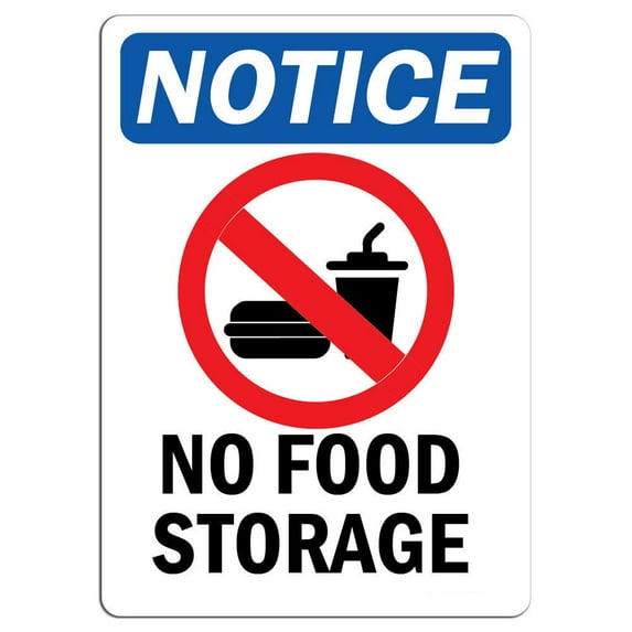 Vinyl Stickers - Notice - No Food Storage Sign with Symbol - Safety and Warning Warehouse Signs Stickers - 13" x 9" - 10 Pack