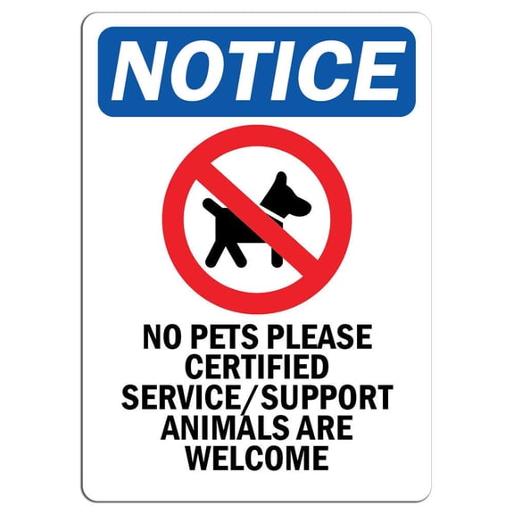 Vinyl Stickers - Notice - No Pets Please Certified Service Support Sign with Symbol - Safety and Warning Warehouse Signs Stickers - 18" x 24" - 3 Pack