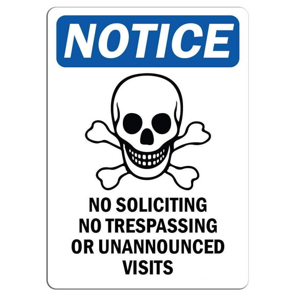 Vinyl Stickers - Notice - No Soliciting No Trespassing Sign with Symbol - Safety and Warning Warehouse Signs Stickers - 13" x 9" - 3 Pack