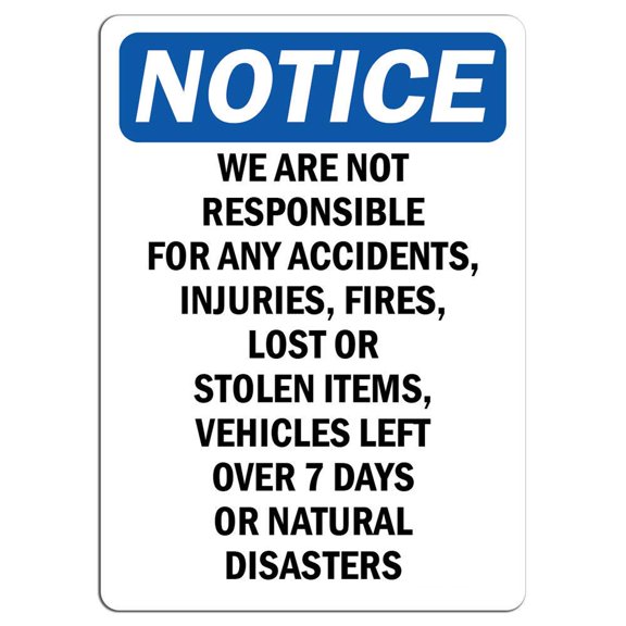 Vinyl Stickers - Notice - Notice We are Not Responsible for Accidents Sign - Safety and Warning Warehouse Signs Stickers - 13" x 9" - 6 Pack