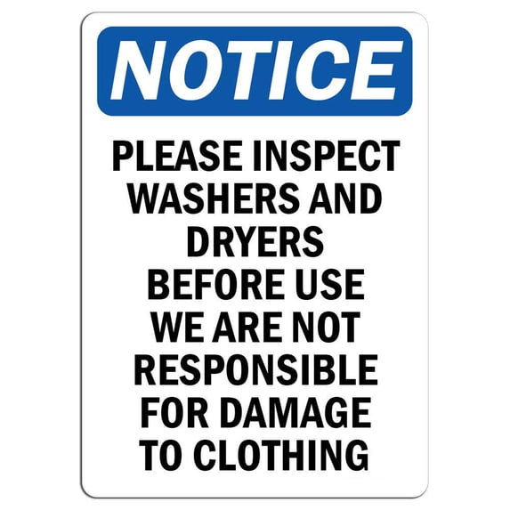 Vinyl Stickers - Notice - Please Inspect Washers and Dryers Before Sign - Safety and Warning Warehouse Signs Stickers - 3.5" x 5" - 6 Pack