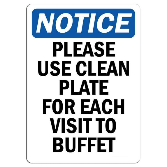 Vinyl Stickers - Notice - Please Use Clean Plate for Each Visit to Buffet Sign - Safety and Warning Warehouse Signs Stickers - 13" x 9" - 10 Pack