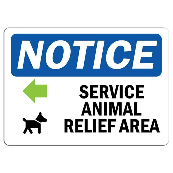 Vinyl Stickers - Notice - Service Animal Relief Area [Left Sign with Symbol - Safety and Warning Warehouse Signs Stickers - 18" x 24" - 6 Pack