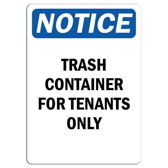 Vinyl Stickers - Notice - Trash Container for Tenants Only Sign - Safety and Warning Warehouse Signs Stickers - 18" x 24" - 10 Pack