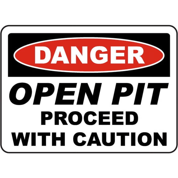 Vinyl Stickers - Open Pit Proceed with Caution Sign - Safety and Warning Warehouse Signs Stickers - 10" x 7" - 10 Pack