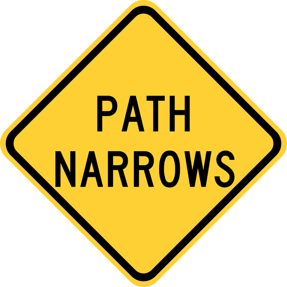 Vinyl Stickers - Path Narrows, Current MUTCD Version - Safety and Warning Warehouse Signs Stickers - 13" x 9" - 10 Pack