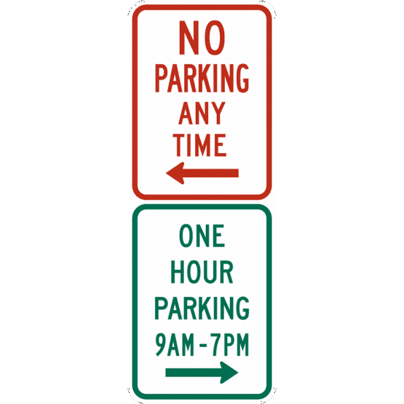 Vinyl Stickers - R7-200a-No Parking Any Time/One Hour Parking (Combined Sign) - Safety and Warning Warehouse Signs Stickers - 10" x 7" - 3 Pack