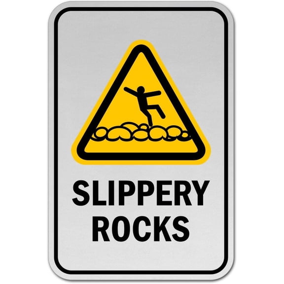 Vinyl Stickers - Slippery Rocks Sign - Safety and Warning Warehouse Signs Stickers - 3.5" x 5" - 3 Pack