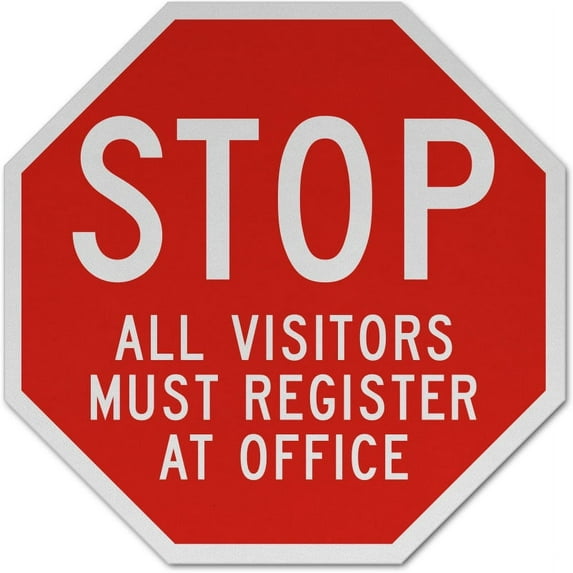 Vinyl Stickers - Stop All Visitors Must Register Sign - Safety and Warning Warehouse Signs Stickers - 10" x 7" - 6 Pack