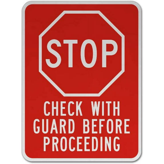 Vinyl Stickers - Stop Check with Guard Sign M8 - Safety and Warning Warehouse Signs Stickers - 18" x 24" - 10 Pack