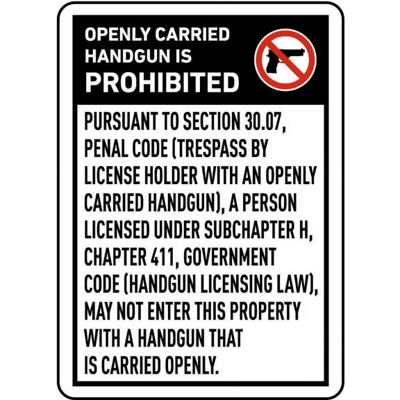 Vinyl Stickers - Texas 30.07 No Openly Carried Handguns Sign - Safety and Warning Warehouse Signs Stickers - 10" x 7" - 3 Pack