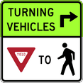 thumbnail image 1 of Vinyl Stickers - Turning Vehicles Yield to Pedestrians - Safety and Warning Warehouse Signs Stickers - 10" x 7" - 6 Pack, 1 of 5