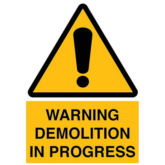 Vinyl Stickers - Warning Demolition in Progress Sign - Safety and Warning Warehouse Signs Stickers - 3.5" x 5" - 6 Pack