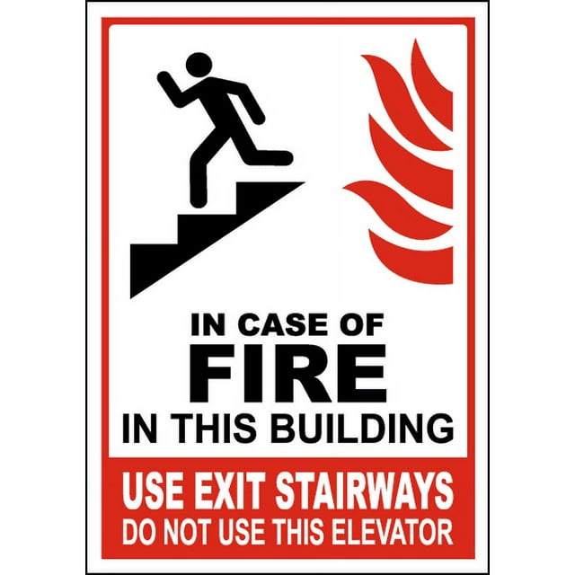 Vinyl Stickers - in Case of Fire in This Building Sign - Safety and Warning Warehouse Signs Stickers - 13" x 9" - 6 Pack
