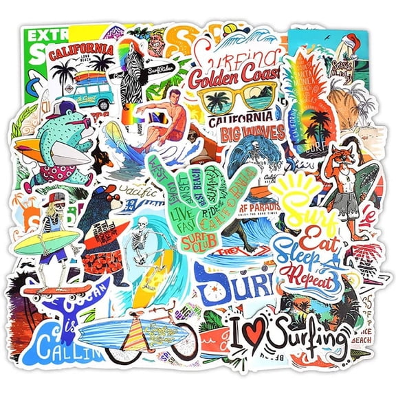 Vinyl Surfboard Stickers Surfing Sports Stickers 50 Pcs Laptop Surfing Stickers Pack Waterproof Surfing Decals for Surfboard Water Bottle Laptops