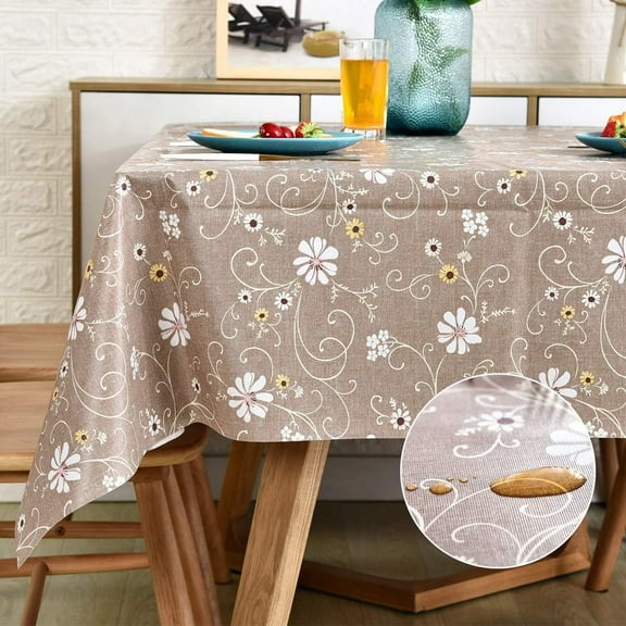 Vinyl Table Cloth Cover Small Square Table, Plastic PVC Waterproof Oilcloth Tablecloth, Wipeable Tablecloths for Parties Card Table, Outdoor, Camping Tan Floral, 52 x 52 Inch