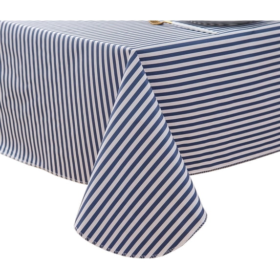 Vinyl Tablecloth with Flannel Backed Waterproof Oil-Proof PVC Table Cloth Stain-Resistant Wipeable Easy Care Table Cover for Indoor and Outdoor (Blue Stripe, 60 x 84 Inch Rectangle)