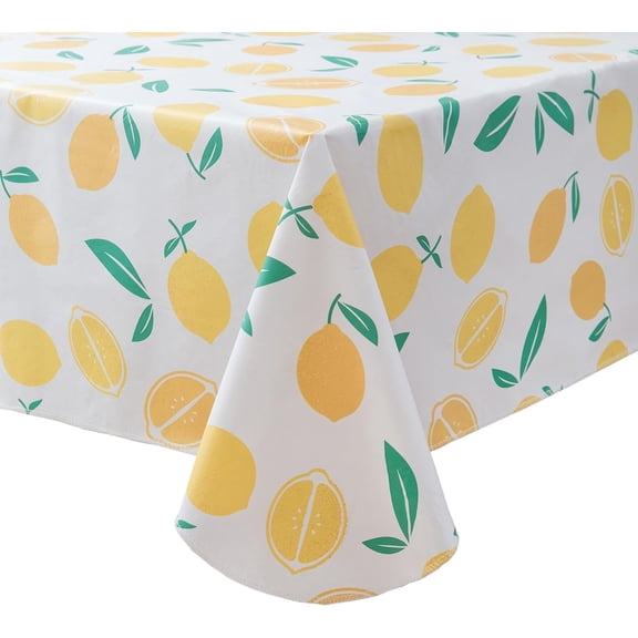 Vinyl Tablecloth with Flannel Backed Waterproof Oil-Proof PVC Table Cloth Stain-Resistant Wipeable Easy Care Table Cover for Indoor and Outdoor (Lemon Pattern, 60 x 102 Inch Rectangle)