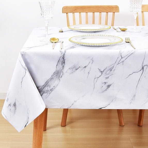 Vinyl Tablecloth for Rectangle Tables, Waterproof PVC Plastic Table Cloth Covers Oblong Oval Oilcloth Wipeable Tablecloths for 7 Foot Large Picnic Table Outdoor Camping White Marble, 60x84 Inch