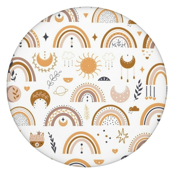 Vinyl Tablecloth Round Boho Chic Earthy Style, Waterproof Elastic Fitted Table Cover, Backed for Indoor Outdoor Use