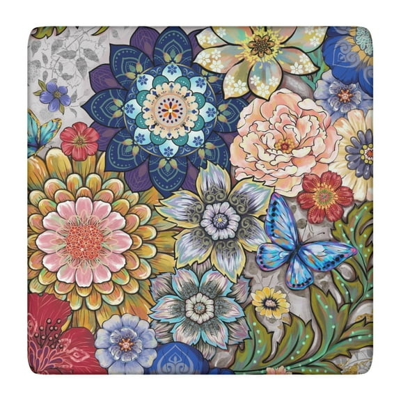 Vinyl Tablecloth Square Boho Chic Earthy Style, Waterproof Elastic Fitted Table Cover, Backed for Indoor Outdoor Use