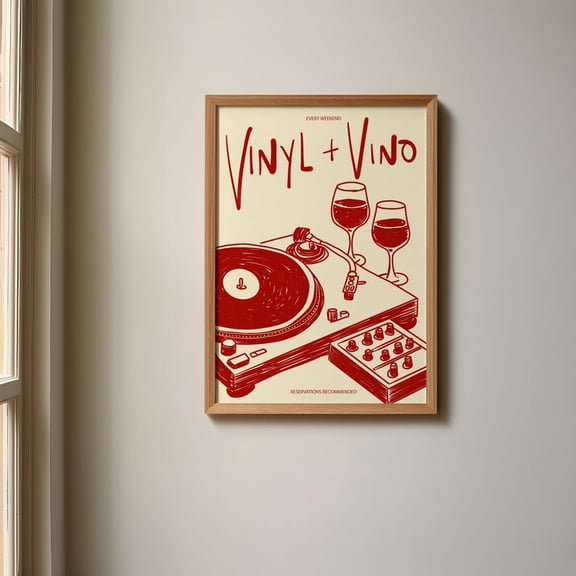 Vinyl & Vino Print | Music Poster | Home Decor | Wine | Illustration | Record | Bar | Trendy | Retro | Kitchen Dining Room | Mid Century 12x18 UNFRAMED