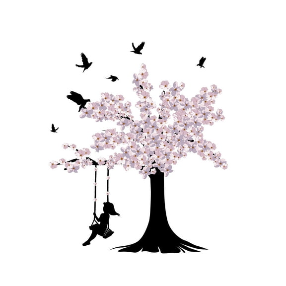 Vinyl Wall Art Decal - Cherry Blossom Tree with Swing and Birds -Home Apartment Bedroom Living Room Decor -Easy to Peel and Stick -Size 9" x 10".