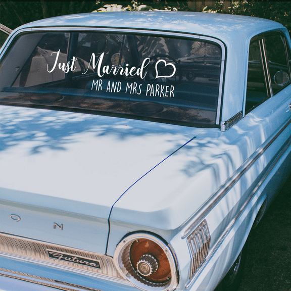 Vinyl Wall Art Decal - Just Married Names - 7" x 25" - Modern Wedding Celebration Quote For Husband Wife Home Apartment Bedroom Living Room Car Windshield Window Sticker Decoration
