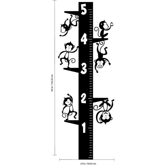 Vinyl Wall Art Decal - Measuring Monkeys Growth Chart - 64" x 23" - 5 Foot Height Cute Animal Adhesives - Unisex Kids Room Play Area Daycare Wall Window Decoration